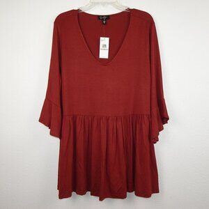 Jessica Simpson Peplum Top Women's Plus Size 1X Brown V-Neck Ruffle Sleeve